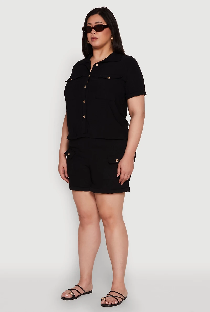 Womens Plus Crepe Knit Cargo Pocket Button Front Shirt,