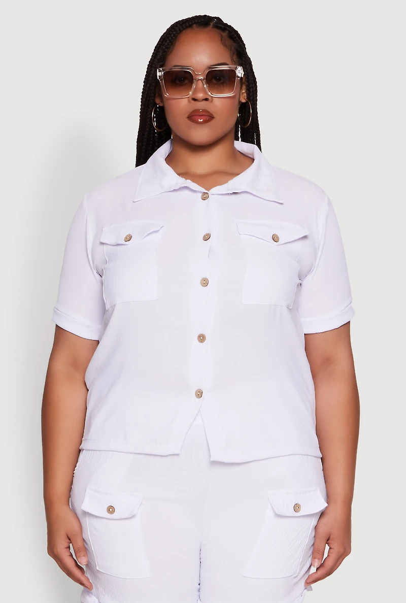 Womens Plus Crepe Knit Cargo Pocket Button Front Shirt, White,