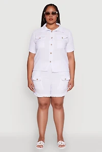 Womens Plus Crepe Knit Cargo Pocket Button Front Shirt, White,