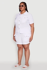 Womens Plus Size Crepe Knit Cargo Pocket Button Front Shirt, White, Size 1X
