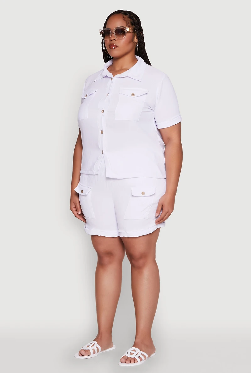 Womens Plus Size Crepe Knit Cargo Pocket Button Front Shirt, White, Size 3X