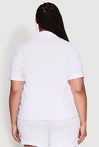 Womens Plus Crepe Knit Cargo Pocket Button Front Shirt, White,