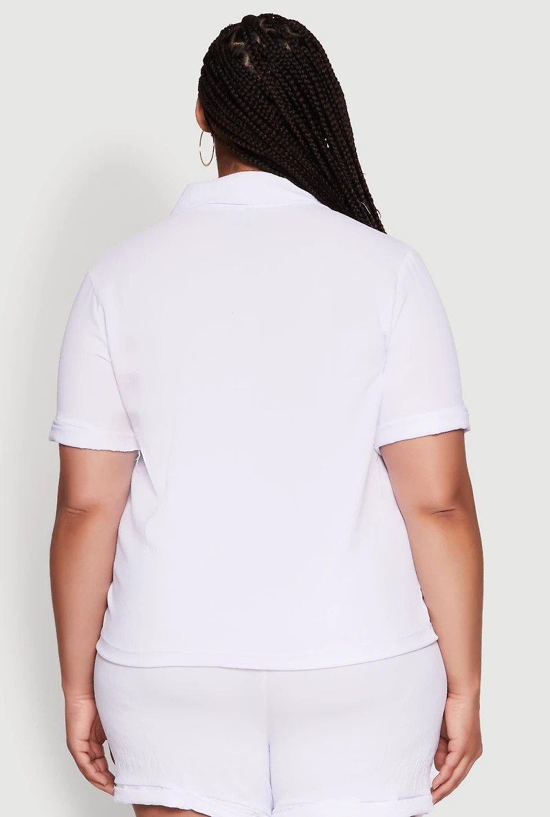 Womens Plus Size Crepe Knit Cargo Pocket Button Front Shirt, White, Size 3X