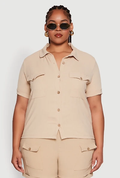 Womens Plus Crepe Knit Cargo Pocket Button Front Shirt,