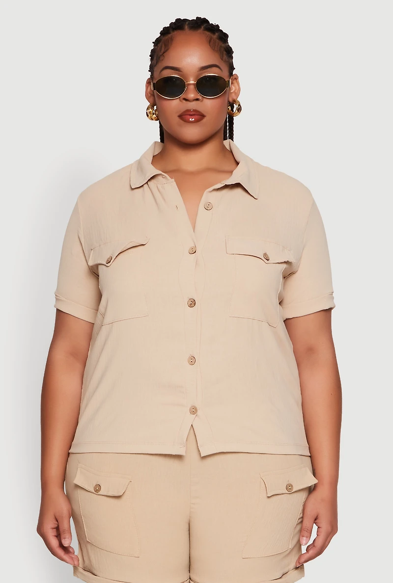 Womens Plus Crepe Knit Cargo Pocket Button Front Shirt,