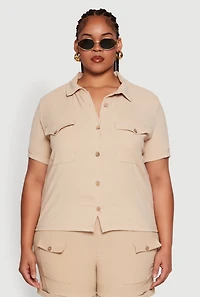Womens Plus Crepe Knit Cargo Pocket Button Front Shirt,