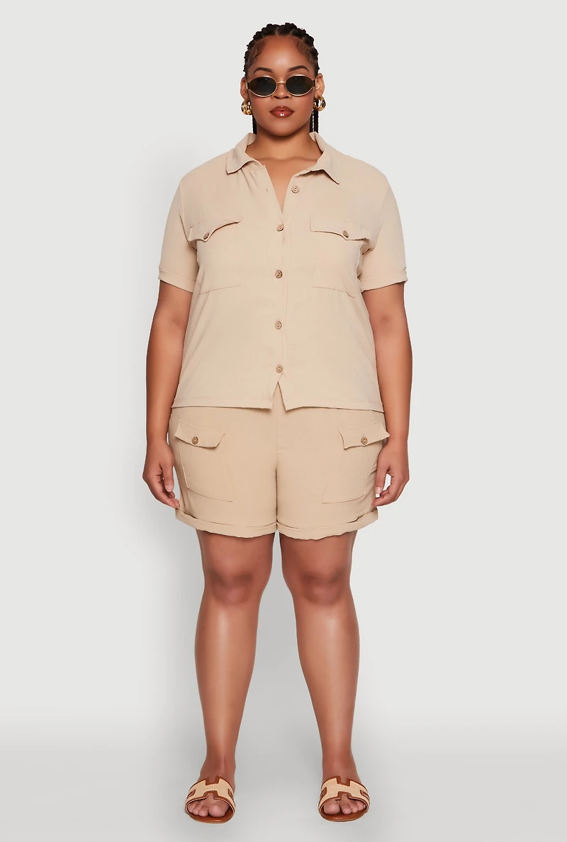 Womens Plus Crepe Knit Cargo Pocket Button Front Shirt,