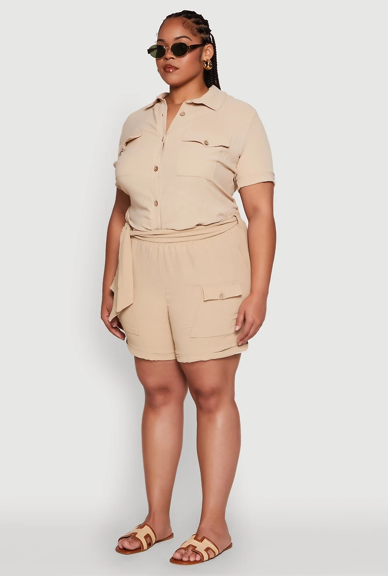 Womens Plus Crepe Knit Cargo Pocket Button Front Shirt,
