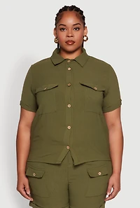 Plus Crepe Knit Cargo Pocket Button Front Shirt