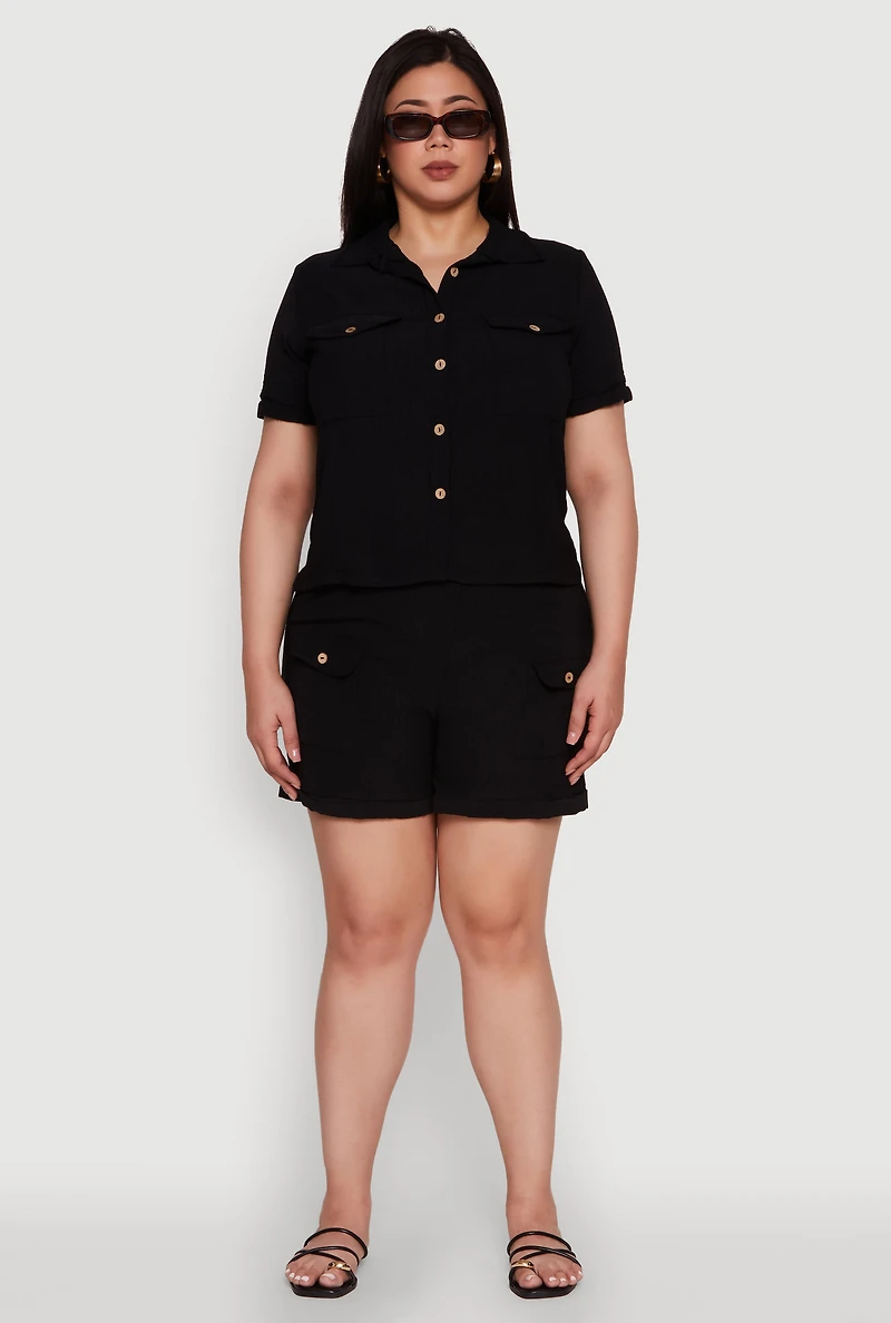 Womens Plus Fixed Cuff Shorts with Tie Waist Belt, Black,