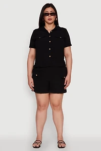 Womens Plus Fixed Cuff Shorts with Tie Waist Belt, Black,