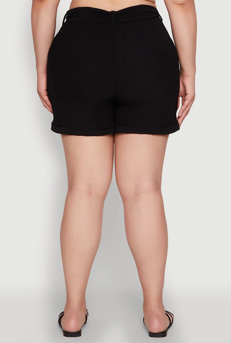 Womens Plus Fixed Cuff Shorts with Tie Waist Belt, Black,