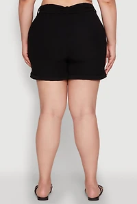 Womens Plus Fixed Cuff Shorts with Tie Waist Belt, Black,