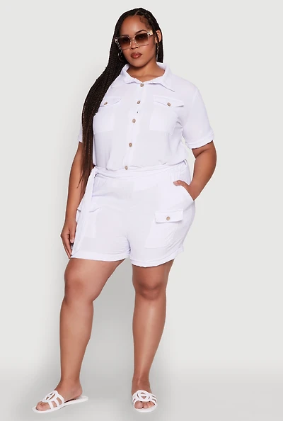 Womens Plus Size Fixed Cuff Shorts with Tie Waist Belt, White, Size 3X