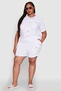 Womens Plus Fixed Cuff Shorts with Tie Waist Belt, White,