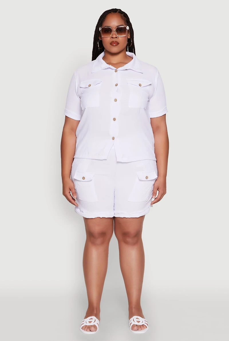 Womens Plus Size Fixed Cuff Shorts with Tie Waist Belt, White, Size 3X
