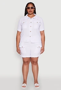 Womens Plus Fixed Cuff Shorts with Tie Waist Belt, White,