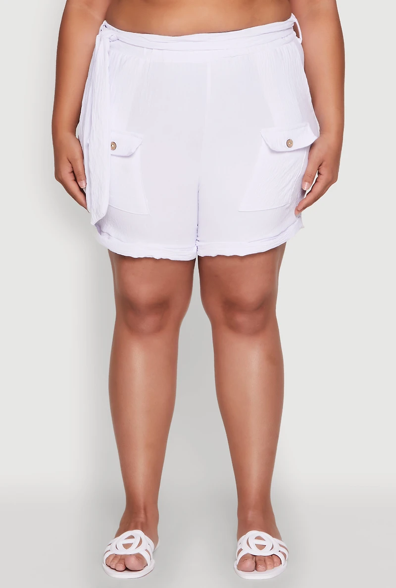 Womens Plus Fixed Cuff Shorts with Tie Waist Belt, White,