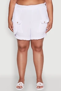 Womens Plus Fixed Cuff Shorts with Tie Waist Belt, White,