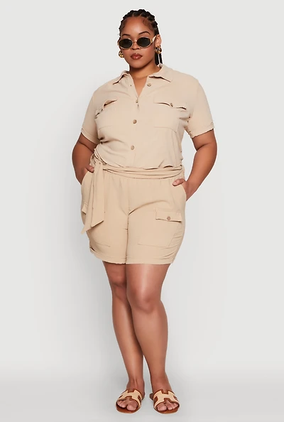Womens Plus Fixed Cuff Shorts with Tie Waist Belt,