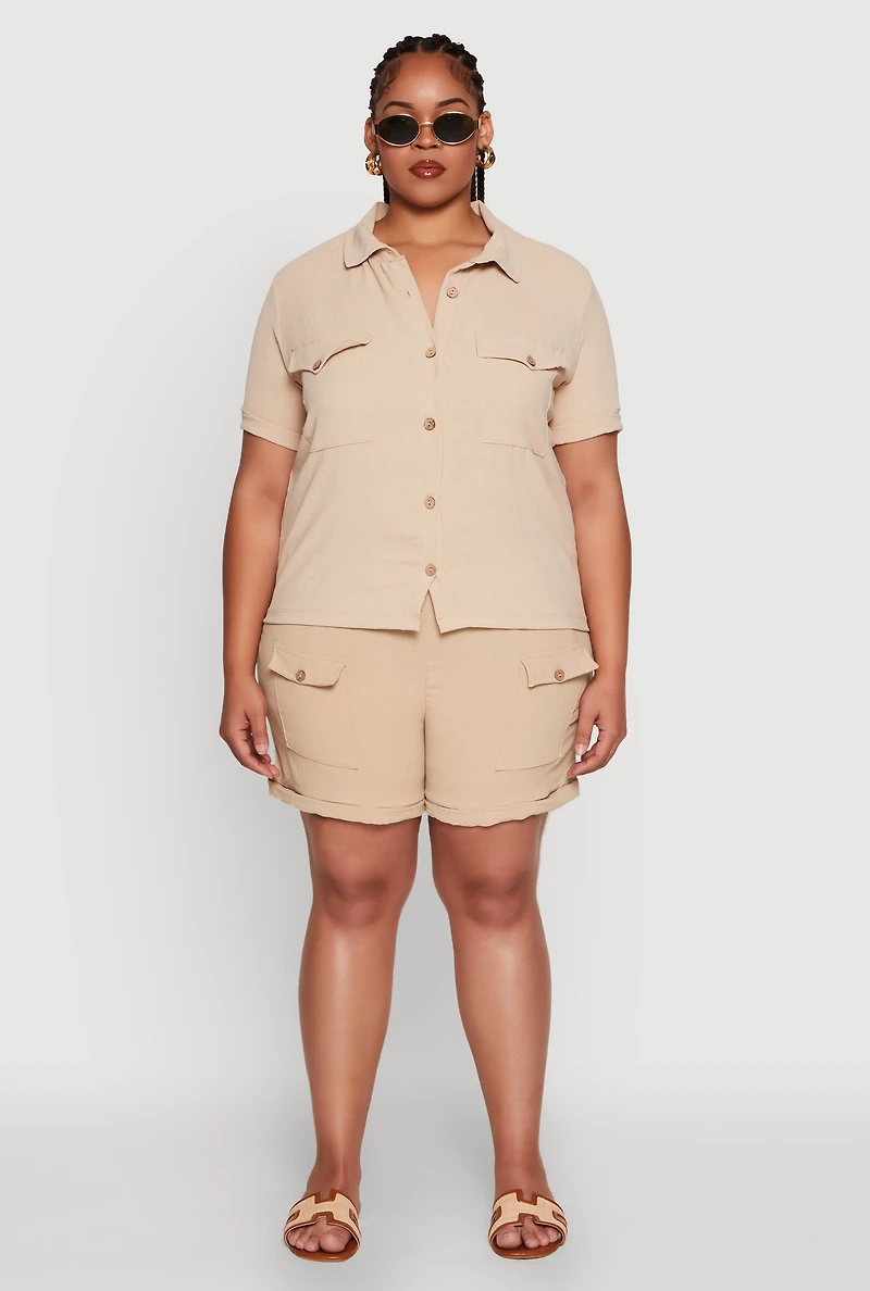 Womens Plus Fixed Cuff Shorts with Tie Waist Belt,