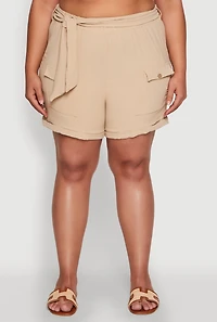 Womens Plus Fixed Cuff Shorts with Tie Waist Belt,