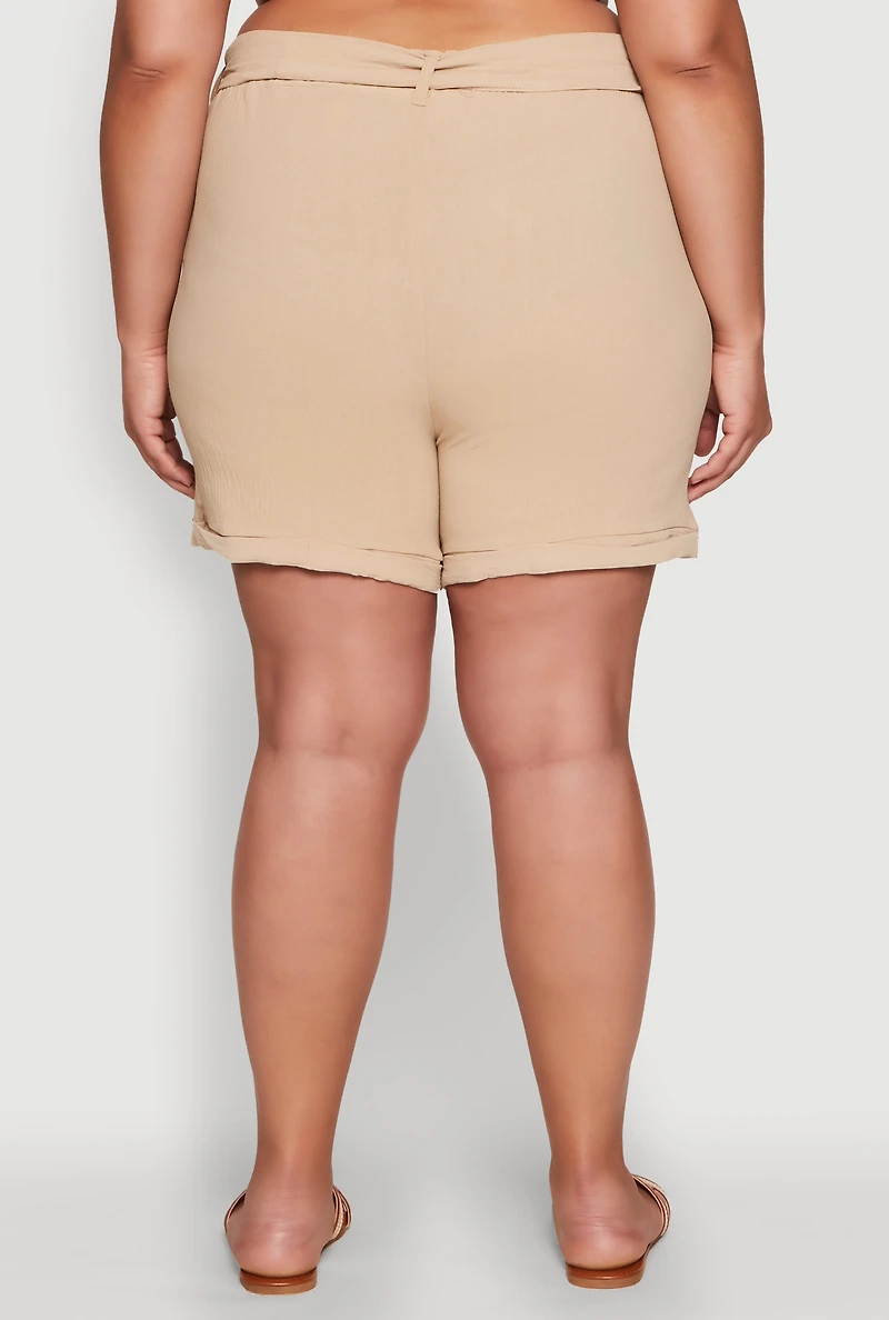 Womens Plus Fixed Cuff Shorts with Tie Waist Belt, 4X