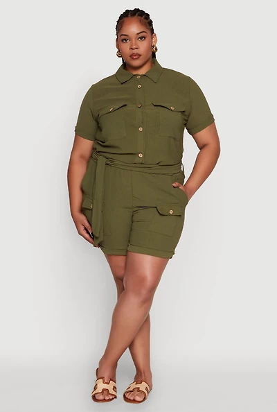 Womens Plus Fixed Cuff Shorts with Tie Waist Belt,