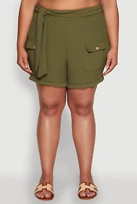 Womens Plus Fixed Cuff Shorts with Tie Waist Belt,