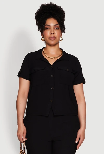 Womens Plus Size Tabbed Sleeve Button Front Crepe Knit Shirt, Black, Size 3X