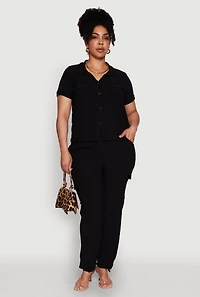 Womens Plus Size Tabbed Sleeve Button Front Crepe Knit Shirt, Black, Size 3X