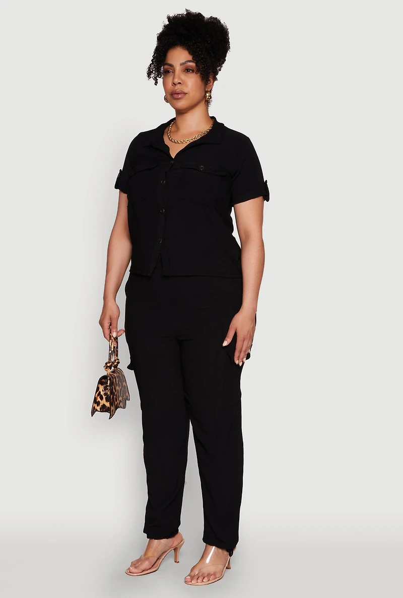 Plus Tabbed Sleeve Button Front Crepe Knit Shirt