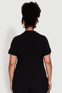 Womens Plus Size Tabbed Sleeve Button Front Crepe Knit Shirt, Black, Size 3X