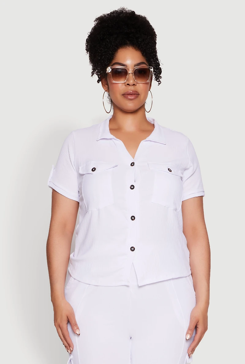 Womens Plus Tabbed Sleeve Button Front Crepe Knit Shirt, White,