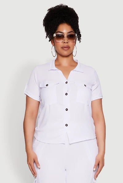 Womens Plus Tabbed Sleeve Button Front Crepe Knit Shirt, White,