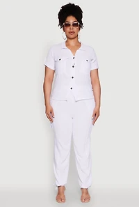 Womens Plus Tabbed Sleeve Button Front Crepe Knit Shirt, White,