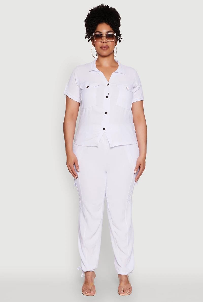 Womens Plus Size Tabbed Sleeve Button Front Crepe Knit Shirt, White, Size 3X