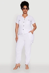 Womens Plus Tabbed Sleeve Button Front Crepe Knit Shirt, White,