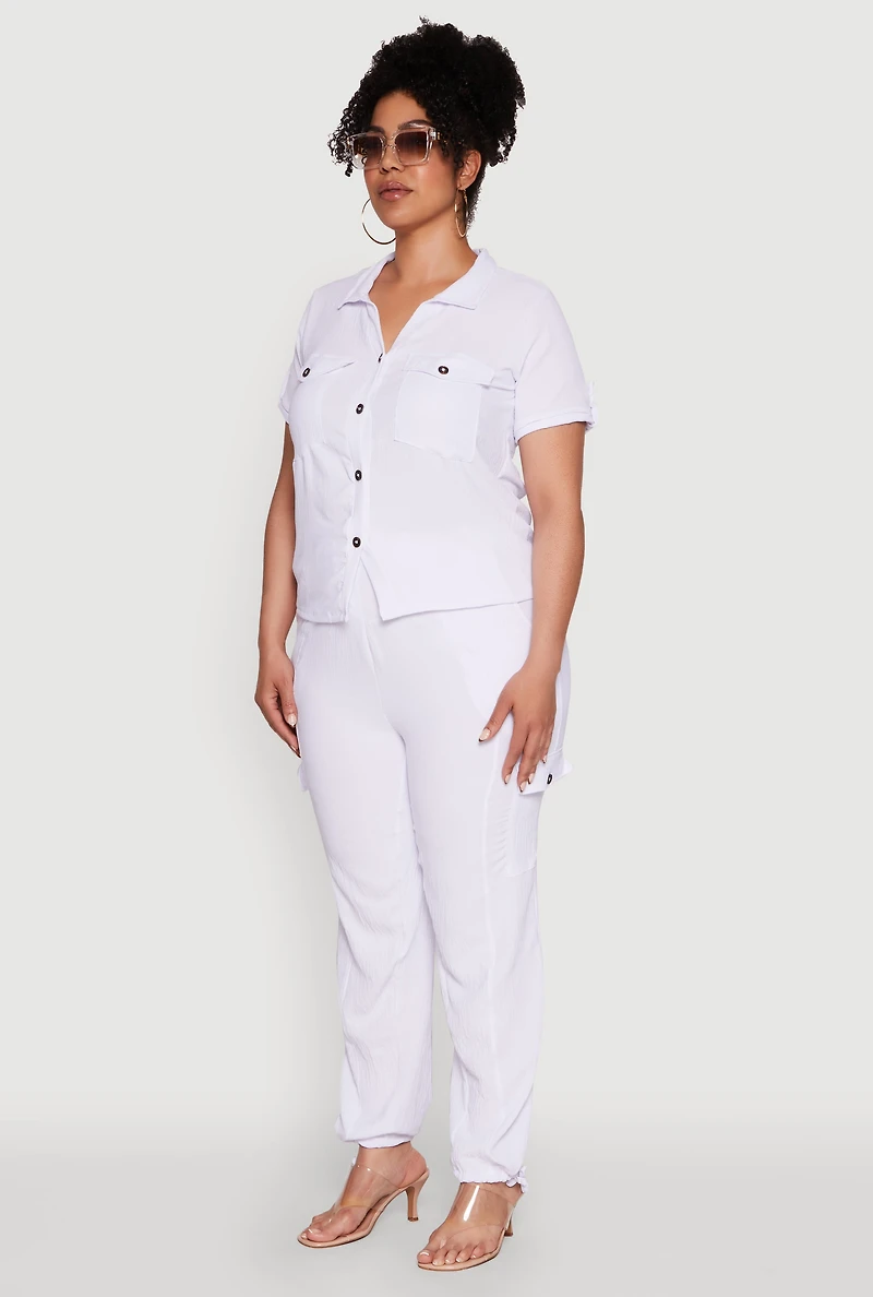 Womens Plus Tabbed Sleeve Button Front Crepe Knit Shirt, White,