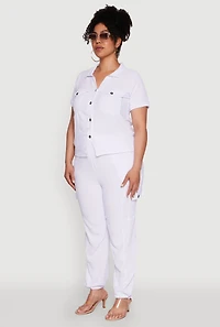 Womens Plus Tabbed Sleeve Button Front Crepe Knit Shirt, White,