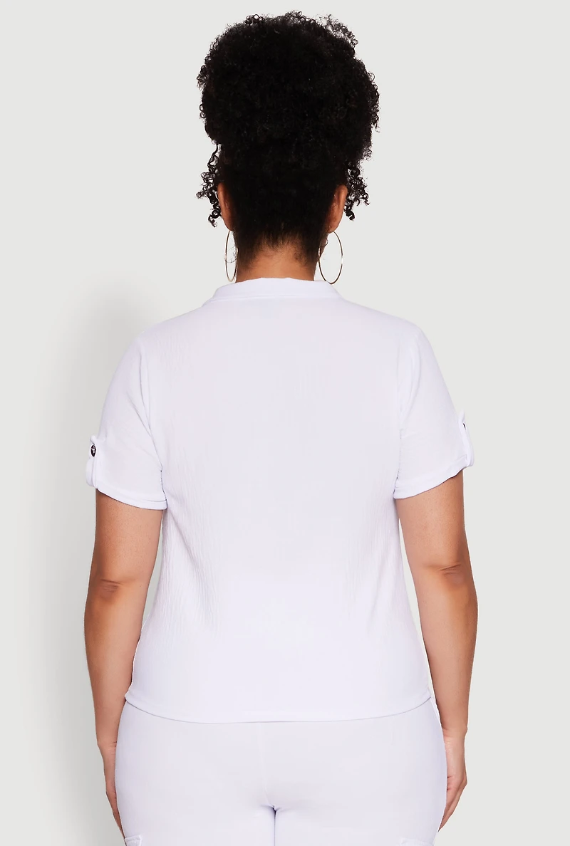 Womens Plus Tabbed Sleeve Button Front Crepe Knit Shirt, White,