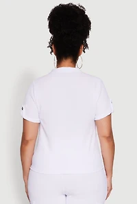 Womens Plus Tabbed Sleeve Button Front Crepe Knit Shirt, White,