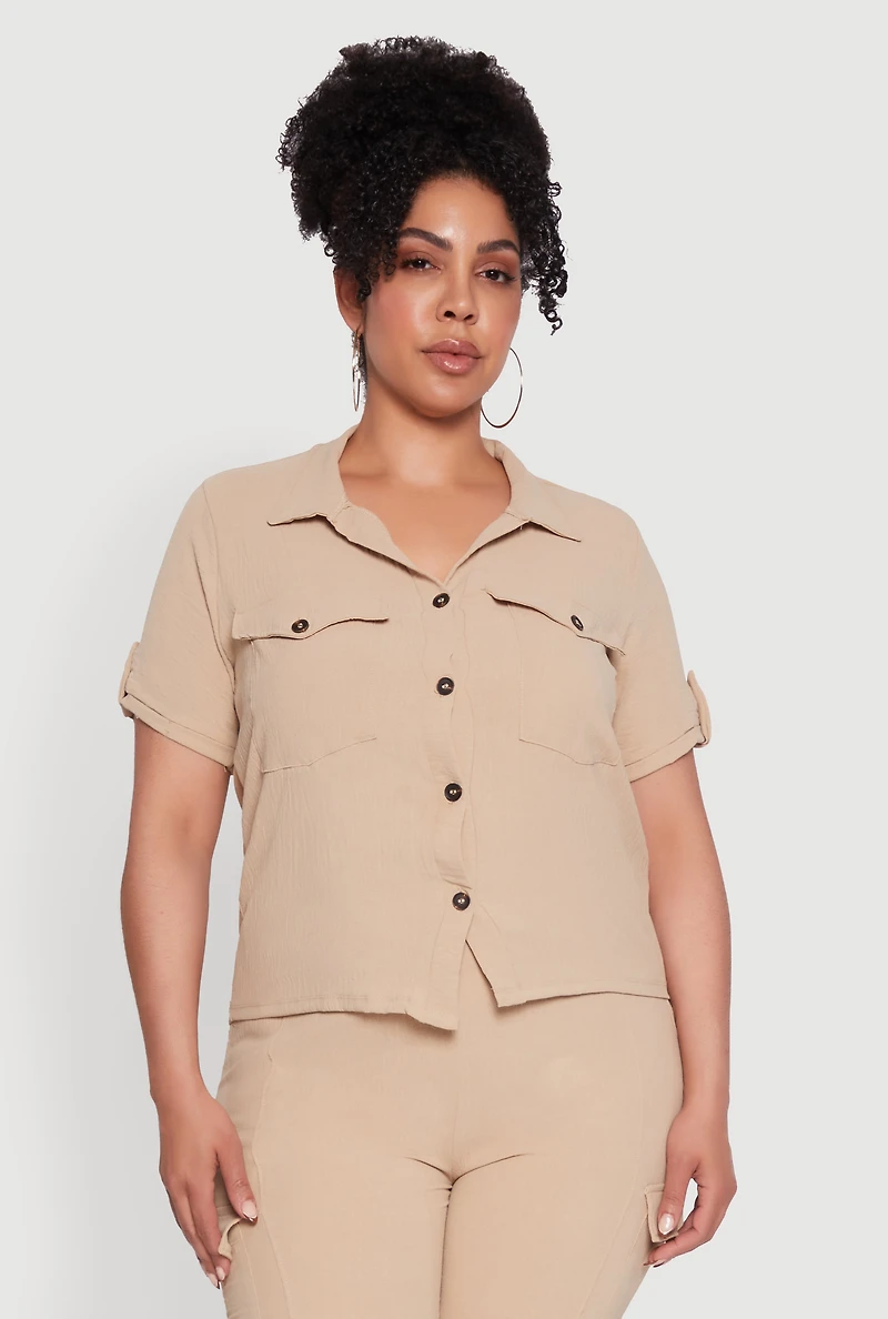 Plus Tabbed Sleeve Button Front Crepe Knit Shirt