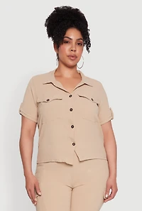 Plus Tabbed Sleeve Button Front Crepe Knit Shirt