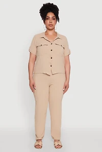 Womens Plus Tabbed Sleeve Button Front Crepe Knit Shirt,