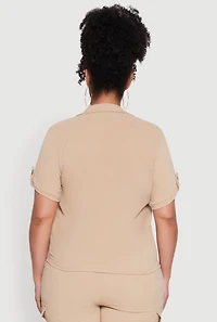 Womens Plus Tabbed Sleeve Button Front Crepe Knit Shirt,