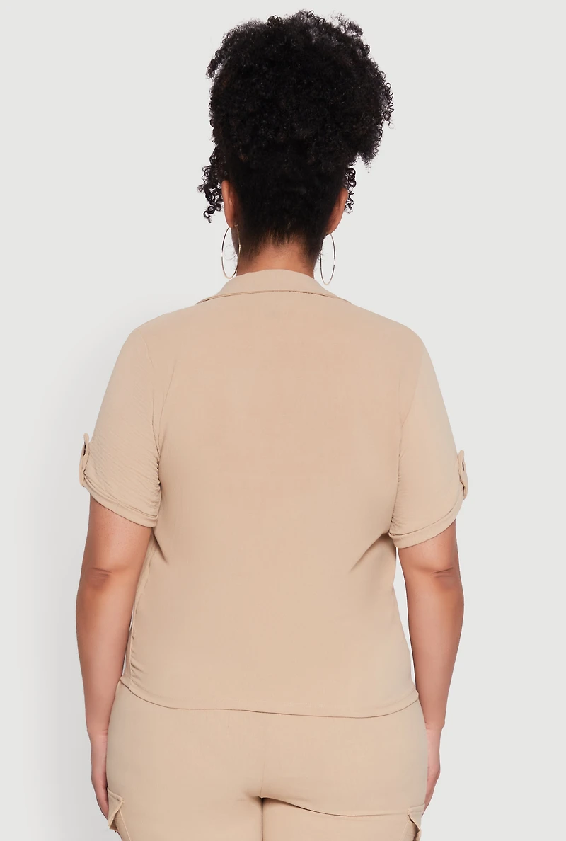 Womens Plus Size Tabbed Sleeve Button Front Crepe Knit Shirt, Beige, Size 3X