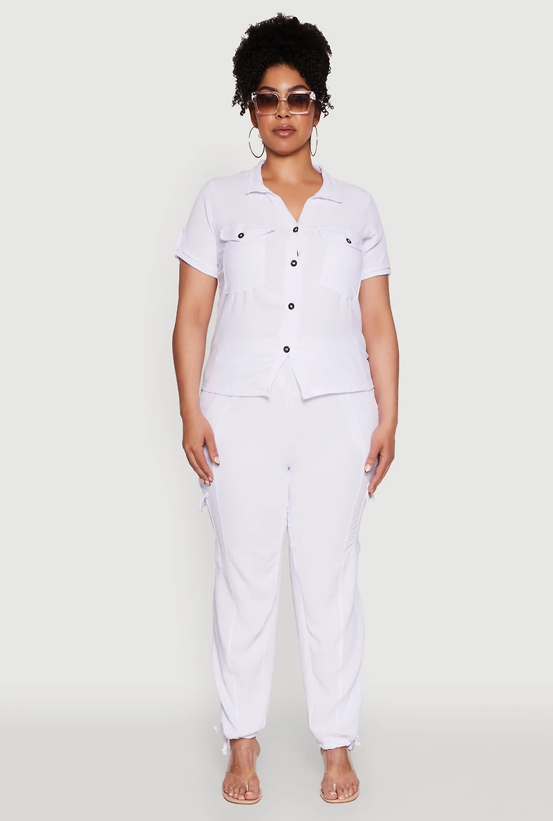 Womens Plus Trendy High Waisted Cargo Pants, White,
