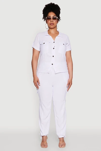 Womens Plus Trendy High Waisted Cargo Pants, White,