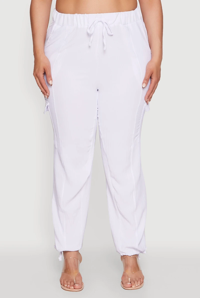 Womens Plus Trendy High Waisted Cargo Pants, White,
